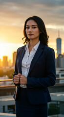 Confident young Asian businesswoman standing on a rooftop with a city skyline in the background. Professional female executive portrait at sunset.