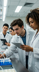 Multiethnic team of young scientists working together in a modern laboratory. Male and female researchers in lab coats using a digital tablet to analyze experiment results.