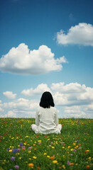 Rear view of a woman with black hair meditating in a colorful wildflower meadow. Peaceful person enjoying solitude and nature under a blue sky with clouds.