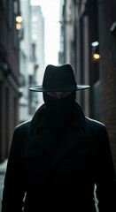 Mysterious anonymous man in a black trench coat, fedora, and face mask standing in a dark city alley. Espionage, crime, and noir detective concept.