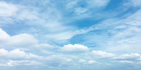 Cloudy blue summer storm  in the sky, watercolor background, horizontal view, beautiful cloudscape, fresh air, nature shining light, sunrise sky, panoramic view, daylight, vast fluffy tiny white sunsh