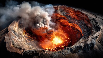 Volcano crater close-up with intense eruption, fiery glow from within, heavy smoke and ash above 