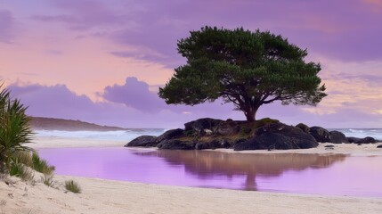Solitary Tree Reflection at Sunset, Tranquil Coastal Beauty, Serene Paradise