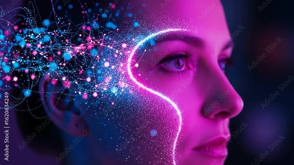 Poster a womans face illuminated by glowing neon lines and digital data streams representing artificial int