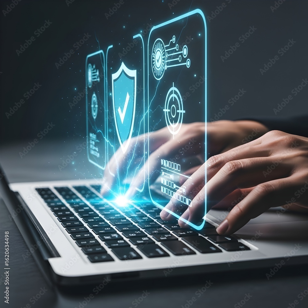 Poster hands typing on a laptop with glowing digital security icons and data visualizations emerging