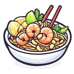 Colorful bowl of shrimp noodles with lime and chopsticks.