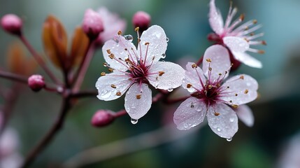 Delicate Cherry Blossoms with Dewdrops, Springtime Beauty and Floral Detail