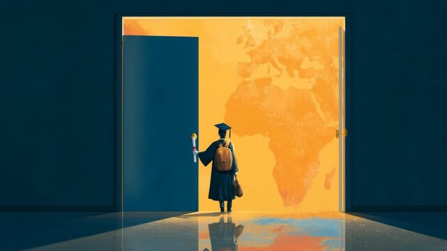 Graduate in cap opening bright future door