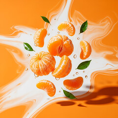 Floating Tangerine Slices and Leaves on Abstract Orange Background