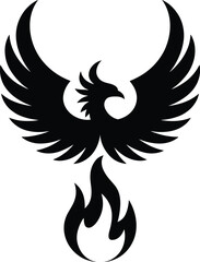 Fototapeta premium Black Silhouette of a Phoenix Rising from Flames on a White Background bird fire