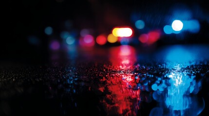 Police lights reflecting on wet pavement at night, creating a vivid urban atmosphere.
