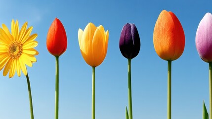 Vibrant Tulip Row Against Clear Blue Sky, Symbolizing Hope and Growth