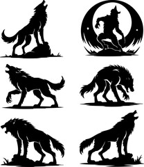 black silhouette vector illustrations of a werewolf howling at the moon