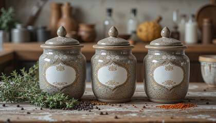Rustic pottery jars amidst scattered spices