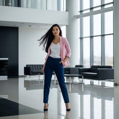 Elegant Businesswoman Standing in Stylish Corporate Lobby