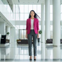 Elegant Businesswoman Standing in Stylish Corporate Lobby