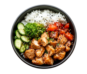 Delicious teriyaki chicken rice bowl with fresh vegetables and black sesame seeds transparent background