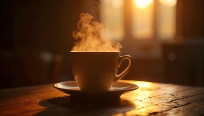 Hot coffee cup against sunrise light