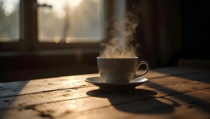 Side view of Steaming coffee or tea cup on rustic table at sunrise