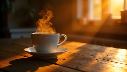 Steaming coffee cup on rustic table at sunrise with copy space
