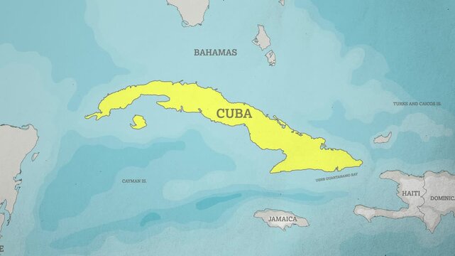 Basemap with a Zoom of the Cuba Highlighted in Yellow. Generic World Map Animation