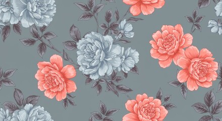 Seamless floral pattern with blue and pink flowers on blue background