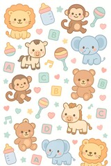 Kawaii Jungle Animal and Baby Toy Pattern – Seamless Pastel Kids Design