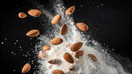 Almonds Exploding in White Powder Against Black Background