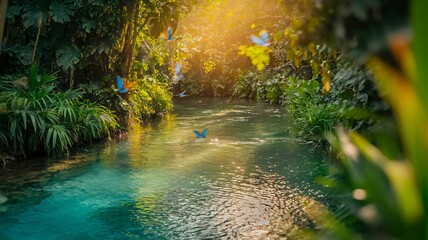 Tranquil stream dances with blue butterflies