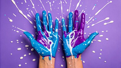 Hands covered in splattered blue and purple paint on violet background