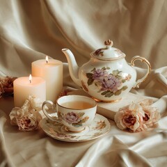 Fototapeta premium Elegant tea set, candles, roses, draped fabric. Still life photo