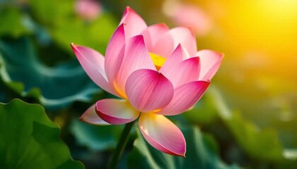 Pink lotus flower bathed in sunlight