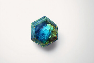 a blue and green glass object on a white surface