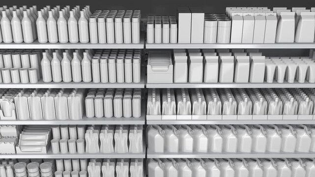 Supermarket shelves mockup with blank dairy and other food products isolated on gray. Sliding motion. 3d animation	
