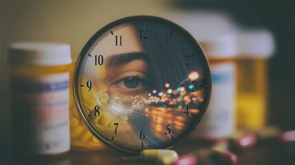 Human face reflected in cracked mirror, dark circles under eyes, surrounded by clocks and pill bottles. Sleep Deprivation Awareness, Hidden Cost of Time Change
