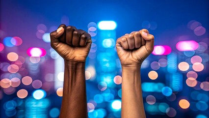  Two raised fists symbolizing protest and unity in urban night scene