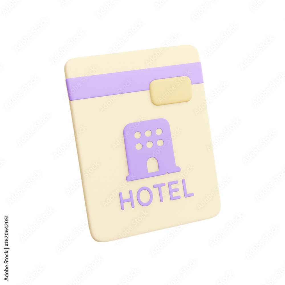 Poster 3d stylized hotel key card with building icon and text isolated on transparent background