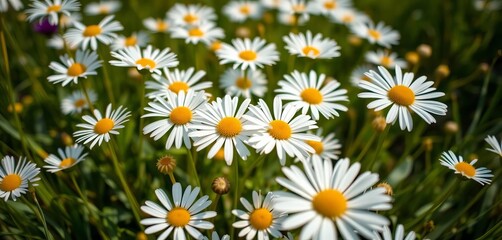 Fototapeta premium Close-up of delicate white daisies in a spring meadow, natural, bloom