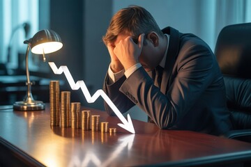 Businessman in despair over financial losses and declining stock market graph
