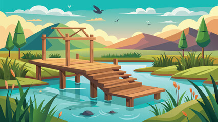 Peaceful Field Pond Featuring a Rustic Wooden Dock by the Water&rsquo;s Edge