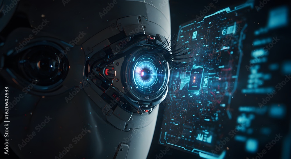 Poster close-up of a humanoid robot's face with a glowing blue eye and a digital interface display.
