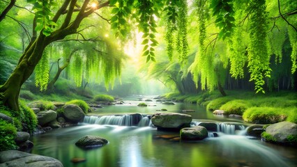 Photo of a serene forest stream with a gentle waterfall, surrounded by lush green trees and foliage, with sunlight filtering through the canopy