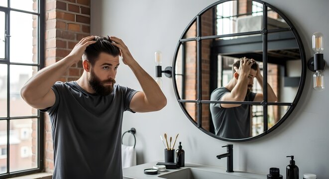 Man with beard styling hair in bathroom looking at round mirror with industrial style lighting fixture
