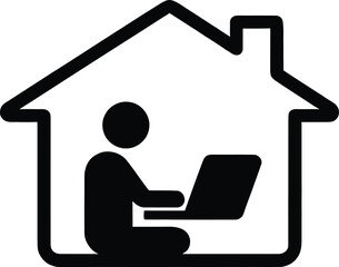 Person working on laptop inside house outline icon