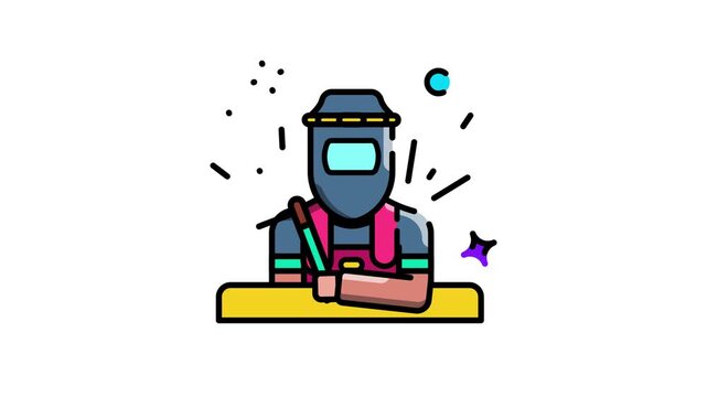 Welder with protective gear, welding a metal object in a workshop environment, vector style