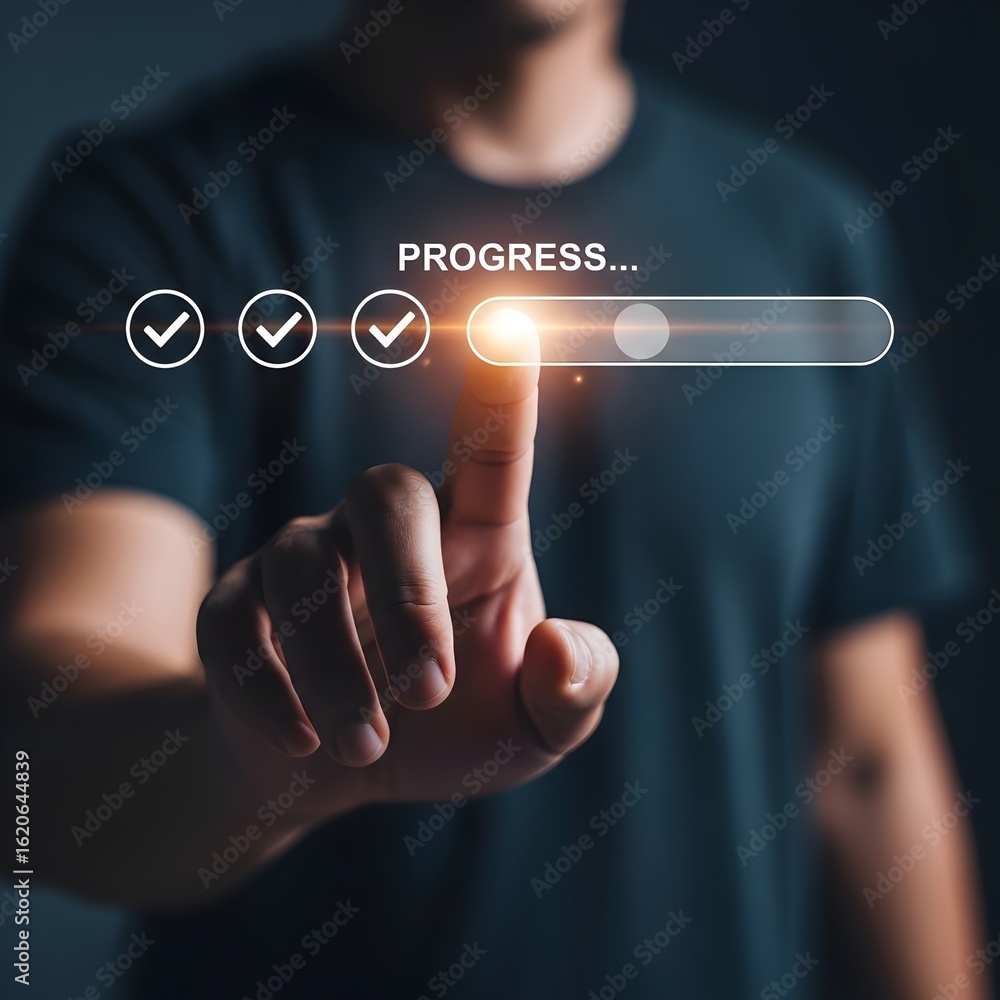 Poster man s finger interacting with a digital progress bar showing completion and success