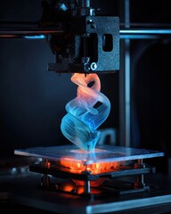 Close-up of a 3D printer in action, creating a vibrant blue and orange spiral-shaped object on a heated build plate