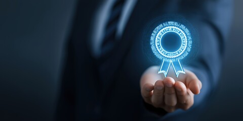 Faceless Educational Consultant Offering Glowing Digital Certificate Icon, AI-Enhanced Certification & Learning Validation, Representing Verified Learning and Tech-Driven Accreditation