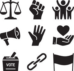 Activism and Social Change Solid Icon Set — Equality Symbols, Justice Scale, Protest Tools, and Peace Icons