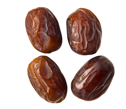 Four fresh dates isolated on transparent background displaying texture and brown color